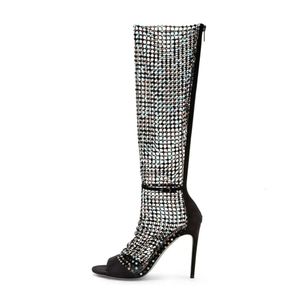 Real 2024 Lady Leather Sexy Ladies Sexy Ladies 9,5 cm Sandali di tacco alto Diamude Diamond Open Offita Affitta a una linea Stivali da sposa Boots Booties Zippe 10b