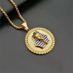 Egyptian Pharaoh Sphinx Necklace Pendant With Chain And 14K Gold Hip Hop Egypt Round Jewelry