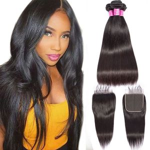Malaysian Human Hair Extensions 3 Bundles With 6X6 Lace Closure Straight Bundles With Six By Six Closure Natural Color 8-30inch Khrdc
