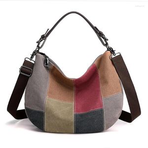 Evening Bags Vintage Stitched Handbag 2024 Fashionable One Shoulder Messenger Bag Women's Large Capacity Canvas Contrast Sacs