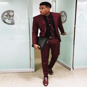 Chic Burgundy Two Pieces Mens Suits Slim Fit Wedding Grooms Tuxedos Cheap One Button Formal Prom Suit Jacket And Pants With Tie 212V