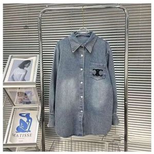 2024New Designer Womens Tshirts Turn Down Collar Loose Long Sleeve Embroidery Denim Jeans Blouse Shirt 0E