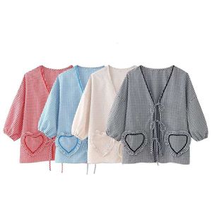 2024 Spring New Product Women's Short sleeved Ribbon Decoration Love Pocket Shirt W028 6197