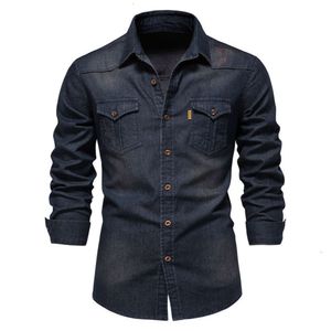 Дизайнерская джинсовая рубашка Мужчина повседневная сплошная черная темно-синий рубашка с длинным рукавом весенняя осень летняя уличная одежда S-3XL 6b9 Fe212