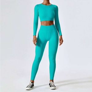 Lu Yoga Выровняйте ребристую йогу набор женщин Тренировка спортивная одежда спортивная одежда Iess с длинным рукавом