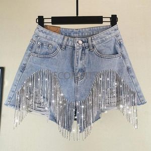 Kvinnors byxor 2024 Streetwear Casual Rhinestone High midja pärlstav paljett blingbling smal byte fransade denim rippade damer jeans shorts