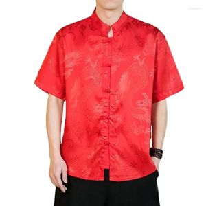 Camisas casuais masculinas 2024 Camisa de manga curta vermelha de verão chinesa de peito quadrado de peito quadrado cinza preto branco vintage