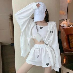 Brand Women's three Piece Pants Set Tracksuits Summer Inverted Collar Mid Sleeve Shirt With Loose Shorts Casual Suit Women