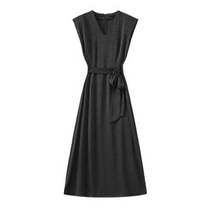 Summer Black Solid Color Panel Paneled Dress Sleeveless V-hals midja bälte MIDI Casual Dresses W4W097106