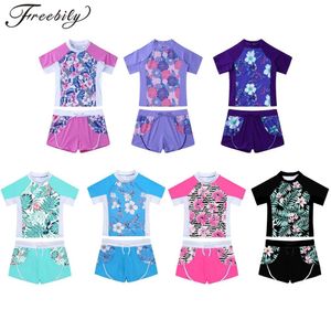 Kids Girls 2 Piece Rash Guard Set Swimwear Floral Print Short Sleeve Swim Shirt with Booty Shorts Tankini Swimsuit Bathing Suit L2405