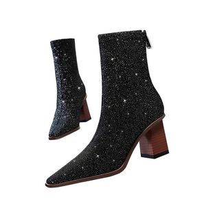 Black 7CM Wood grain heel Socks Boots Women Cloth Fabric Thick Heel Square Toe Ankle Boots Shoes Woman Boats Iunxa