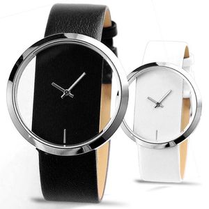 Нарученные часы уникальный простой стиль прозрачный циферблат Quartz Watch Leather Band Женщины черные белые наручные часы Relogio fominino 262c