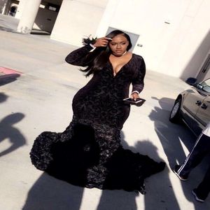 Plus Size Black Prom Dress Mermaid V Neck Bodycon Sweep Train Black Girl African Formal Party Dresses Evening Arabic Pageant Celebrity 253t