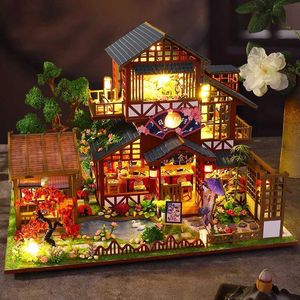 Doll House Acessórios Diy Wooden Miniature Building Kit Doll House com móveis de cozinha japonesa Casa Doll House Girls Mades Toys Mandled Gifts Q240522