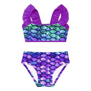 Frauen Badebekleidung Mädchen Zwei Stücke bedruckte Bikini Badeanzug Set für Strand mit gekräuselten Trimmbändern Schwimmschilder dehnbarer Bund am Bund