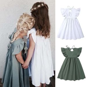 0-6Y Toddler Kids Baby Ruffles Sleeve Princess Solid Cotton Linen Casual Dress for Party Flower Girl Clothes L2405