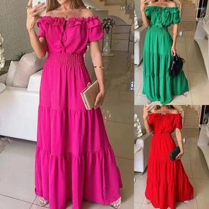 Casual Dresses Ruffle Edge One Line Neck Bubble Sleeve Large Swing Dress Elegant Monochromatic European And American Fashion 2024