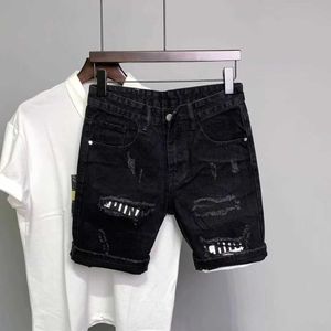 Men's Shorts Summer mens black hole stickers ultra-thin denim shorts Korean fashion hip-hop legs Harajuku fashion mens black jeans shorts Q240522