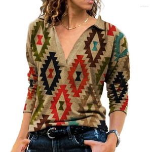 Women's Polos Vintage Geometric Feather Print Polo Tops Women Fashion V-Shaped Lapel Long Sleeve Pullover T-shirt Elegant Large Work Clothes