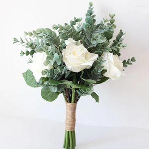 Hochzeitsblumen Braut Bouquet Weiß Rosen Seide Künstliche Eukalyptus Blätter handgefertigtes Brautbrautjungfer Mariage Accessoires