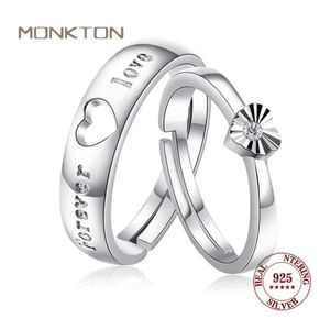 Casal Rings Monkton S925 Pure Silver Heart Weaking Bandy para casais Anel de amor permanente ajustável como presente de aniversário feminino S2452301