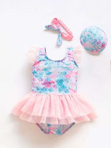 2021 New Girl Baby Mermaid Swimsuit Princess Fashion Cartoon Fish Scale Print Ballet Dance One Piece Kids Sequin Tulle Swimsuits L2405