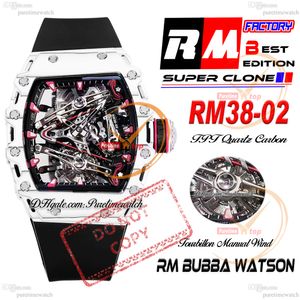 Bubba Watson 38-02 Manual Wind Real Tourbillon Mens Watch RMF White TPT Quartz Carbon Skeleton Red Dial Black Rubber Strap Super Edition Puretime Reloj Hombre PTRM