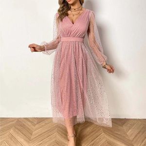 Casual Dresses Women's Evening Sequins Dress Mesh Tulle V Neck Long Sleeve Prickar Elegant kvinnlig bankettparti Hög midja