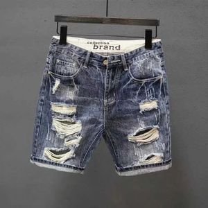 Men's Shorts Summer mens Korean fashion hole bag denim shorts handsome blue merchandise jeans mens shorts Q240522