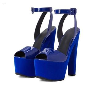 Mavi patchwork deri seksi sandaletler süet toka kayış tıknaz topuk cm platform yüksek topuklu peep ayak ayakkabıları özet 32a s