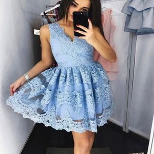 Light Blue Pink Full Lace Short Homecoming Dress V Neck Above Knee Length Formal Prom Dresses Cocktail Gowns 316B