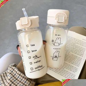 Water Bottles Upgrade Creative Cartoon Bottle With St Cute Plastic Drinking Portable Leak-Proof Drinkware For Milk Coffee Drop Deliv Dh4De