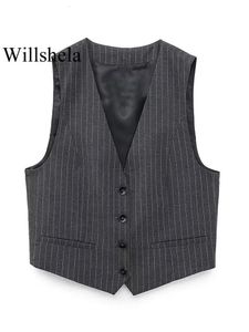 Willshela Women Fashion Striped Swilled Giacca senza maniche Sleeveless Vintage Vneck Office Female Lady Whitcoats 240523