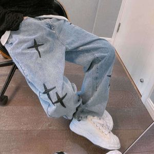 Jeans Herr Autumn High Street broderi Lose Straight Tube Wide Lift Cowins Trendy Brand Pants Standout Jeans Size Plus Plus
