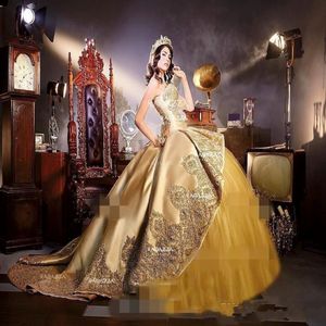 2019 الرائعة من الفساتين الذهب التزيين كرات الرموز مع القطار القابل للفصل الحبيب quinceanera