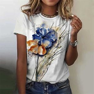 T-shirt feminina camisetas femininas Moda de verão Flores 3D Imprimir SLVE SLVE TOP ROUSE feminino O pescoço Ts Harajuku T T240523