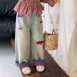 Children's Denim New Girl Baby Soft Perforated Jeans Casual 2024 Spring and Autumn Straight Leg Versatile Pants L2405