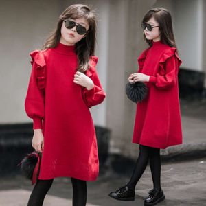 2024 autumn spring Child lace Kid Girls Clothes Red Knitted Ruffles Teenager Long Sleeve Sweater Dress 7 8 9 10 11 12 13 14 Year L2405