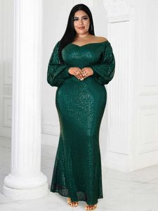 Grundläggande casual klänningar Green Coat Womens Plus Size Cold Shoulder Lantern Sleeves High midje paljett Evening Dress Wedding Party Set 4xl 2023 J240523