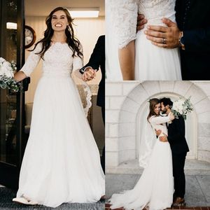 A-line Ivory Lace Modest Wedding Dresses 2018 With Half Sleeves Boat Neck Short Sleeves Informal Dresses Boho Country Bridal Gowns 309G