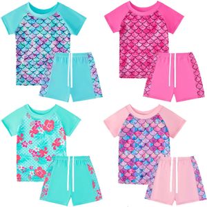 Children Fish Scale 3D Printing Split Bathing Mermaid Swimsuits 4-12Years Kids Short Sleeves T-shirt+ Shorts Two-piece Suit L2405