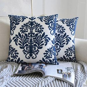 Pillow Cover Navy Blue/White Geometric Floral Canvas Cotton Square Embroidery Home Decor For Sofa Chiar 45x45cm