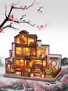 ドールハウスアクセサリー新しいDIY木製ドールハウスキットミニ家具LEDライトカサラージチャイニーズスタイルのヴィラドールハウスおもちゃ大人の贈り物Q240522