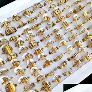 Band Rings 100Pcs/Lot Laser Cutting For Women Styles Mix Gold Stainless Steel Charm Ring Girls Birthday Party Favor Female Beautif J Dht42