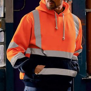 Herrtröjor tröjor fluorescerande herrsportskjorta med reflekterande hög synlighet strip fashionabla färgmatchning Safety Zipper Hoodie Q240522