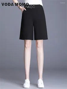 Calça feminina feminina mulher alta cintura verão versátil básico diariamente mulher simples mulher sólida perna larga projeção curta de design de deslocamento de joelho