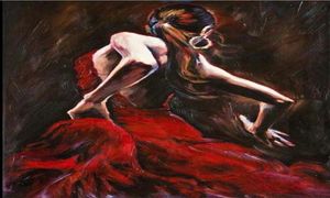 Spanish Flamenco Dancer in Red Dress Hand painted portrait Art Oil Painting On Thick CanvasMulti sizes available P00325709273