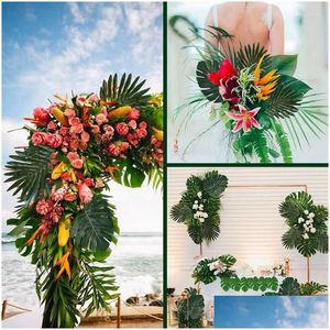 Decorative Flowers Wreaths 95Pcs Palm Leaves Golden Tropical With Stems Fake Leaf Plant For Hawaiian Party Beach Table Decorations Dro Dh7Ds