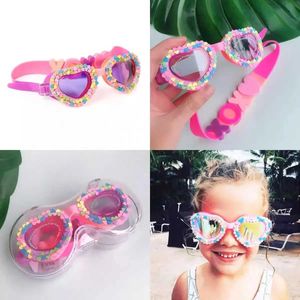 Sunglasses New lovely Waterproof Childrens Swimming Goggles Candy Rainbow Heart UV Fogging Proof Swim Training Glasses For Children Kids Y240523