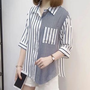 Striped 3/4 Sleeved Cotton Shirt for Womens Summer Oversized Slimming and Loose Fashionable Temperament Belly Covering Top 240523